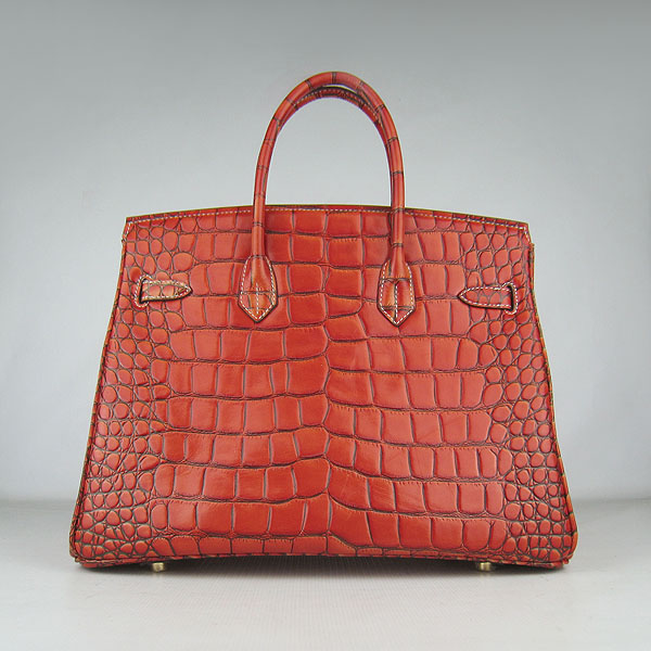 High Quality Fake Hermes Birkin 35CM Crocodile Veins Leather Bag Dark Orange 6089